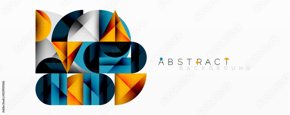 Poster geometric shapes overlap, creating vibrant abstract composition. blue, orange, gray tones dominate d