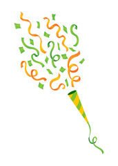 Party popper icon. Holiday popper cone with confetti, congratulate or celebrate element. Exploding cracker icon in flat design. Vector illustration isolated on white background