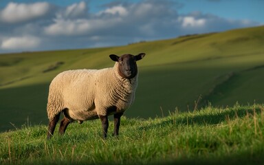 Fototapeta premium Suffolk Sheep Grazing on a Lush Green Hillside Under a Cloudy Sky