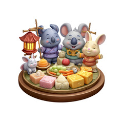 Obraz premium Adorable Koalas and Bunny Enjoying Mooncakes and Autumn Treats during Mid-Autumn Festival