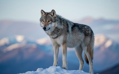 Fototapeta premium Majestic Gray Wolf on Snowy Mountaintop at Dawn