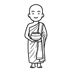 Line art of monk cartoon holding alms bowl vector