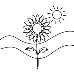 Simple sunflower and sun line art illustration. Summer flower graphic with stylized sun and wavy hills.  Perfect sunflower and sun image for greeting cards, summer themed invitations.