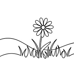 Single daisy in field line art illustration. Simple daisy with green grass and rolling hills drawn in minimalist style. Perfect daisy design for coloring book pages, greeting cards.