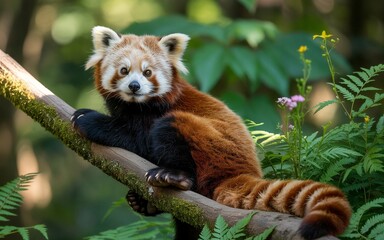 A Curious Red Panda Perched on a Mossy Branch, Gazing Directly at the Viewer