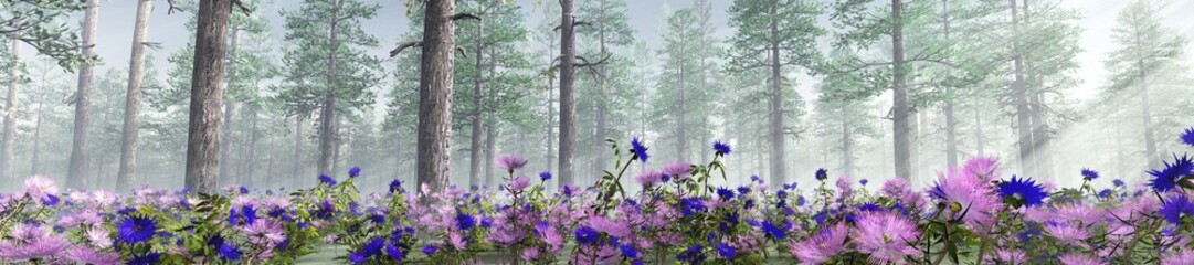 Forest in the morning in a fog in the sun, trees in a haze of light, glowing fog among the trees, 3D rendering