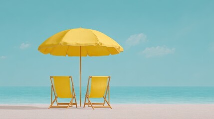 Serene Beach Scene with Yellow Umbrella and Chairs on Soft Sand Under Clear Blue Sky Ideal for Relaxation and Vacation Imagery