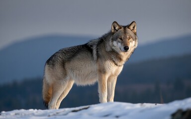 Fototapeta premium Majestic Gray Wolf Standing Proudly on Snowy Hillside, Focused Gaze