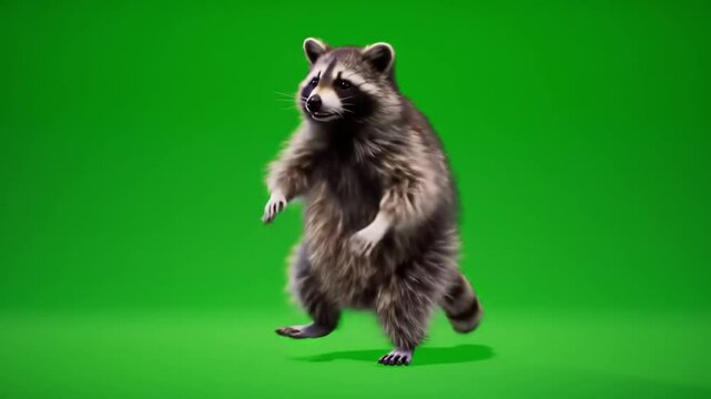 Ultra realistic long shot of a chubby raccoon dancing like a human, solid green screen background