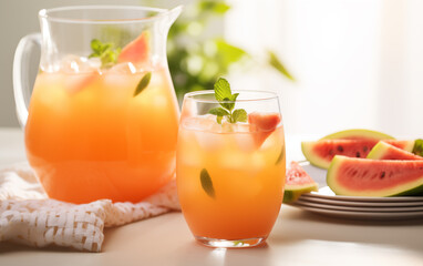 Fototapeta premium Pitcher and glass of watermelon juice with mint and watermelon slices on plate