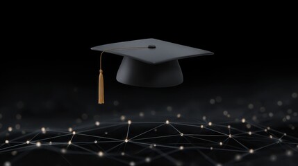Elegant black graduation cap floating against a dark backdrop with glowing network lines symbolizing achievement, education, and future possibilities for students