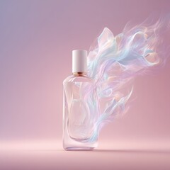 Artistic Perfume Bottle Design with Swirling Abstract Vapor on Gradient Background