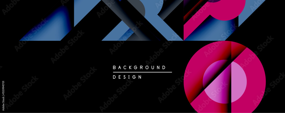 Poster Abstract geometric design features vibrant blue, pink gradients over black background. Shapes include triangles, circles creating modern visual impact. Minimalist style emphasizes color contrast.