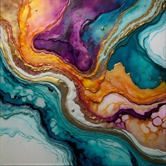 Vibrant Fluid Alcohol Ink Art with Golden Texture and Abstract Oceanic Color Flow Composition