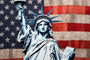 The lady liberty sculpture statue flag.