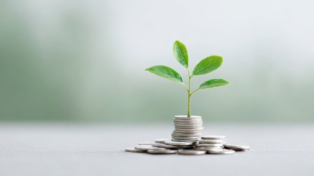 Green Plant Growing from Stacks of Coins Representing Financial Growth, Investment Strategy, and Sustainable Development in a Modern Economy