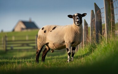 Obraz premium Black and White Spotted Sheep in a Rural Setting