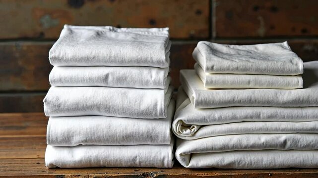 Neatly folded white t-shirts stacked on a wooden surface. Many folded white basic cotton linen presented in rustic interior. Minimalist clothing organization and clean laundry concept.