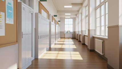 Empty school corridor with sunlight streaming windows - Powered by Adobe