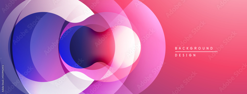 Poster Abstract design features overlapping circles, gradients. Colors transition from blue to pink, creating dynamic visual effect. Modern, minimalist style.