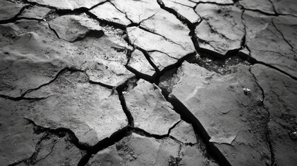 Monochrome Abstract: Cracked Earth Surface with Water