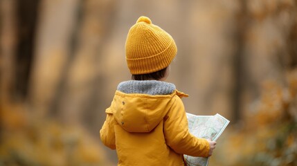 Child in Yellow Jacket and Hat Holding Map in Autumn Forest Surrounded by Colorful Foliage Exploring Nature and Adventure