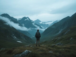 Obraz premium Traveler with Backpack Overlooking Misty Mountain Valley
