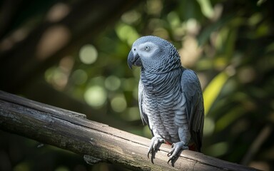 Obraz premium Grey Parrot Perched on a Rustic Branch
