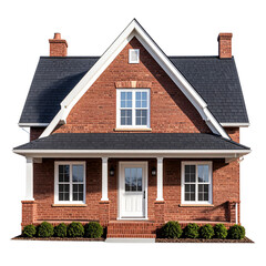 Traditional red brick family house with white windows and gable roof isolated on transparent background PNG