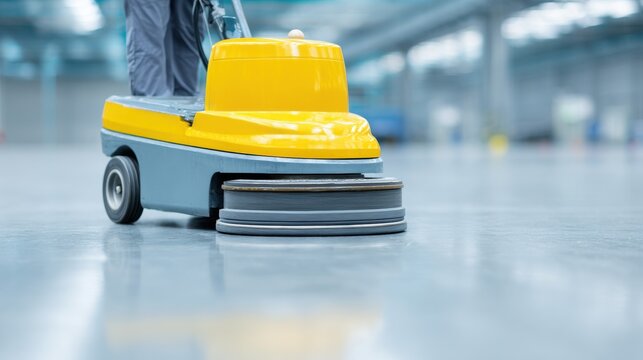 Professional Cleaning Equipment in Action, Floor Scrubbing Machine on Smooth Industrial Flooring in Bright Warehouse Environment