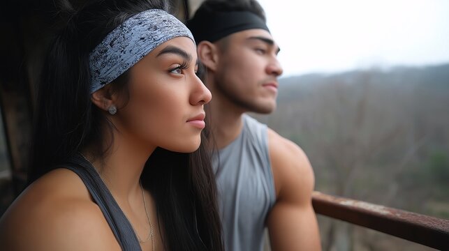 Couple Contemplating View: A young couple stand together, gazing out a window at a landscape. The moment is intimate, with a sense of reflection and hope.