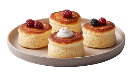 Fluffy Japanese pancakes served with fresh raspberries and cream on a beige plate on a white background