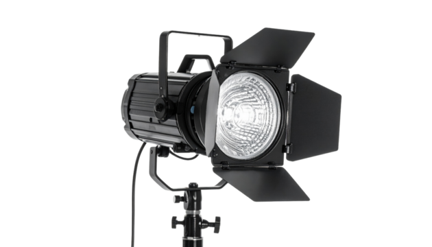 Studio light with barn doors on stand, professional photography equipment for bright illumination