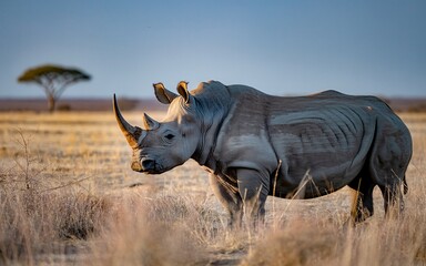 Fototapeta premium Majestic Rhino in Golden Light, African Savannah Landscape, Wildlife Portrait