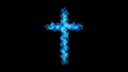 Abstract blue glowing cross shape formed by particles and smoke on black background