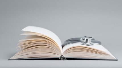 Fototapeta premium Open Book with Blank Pages and a Stethoscope on a Gray Background Symbolizing Knowledge in Healthcare and Medical Education