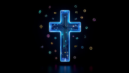 Fototapeta premium Glowing neon circuit board cross symbol with abstract colorful shapes on black background