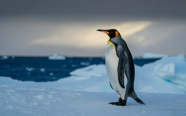 Fototapeta premium Majestic King Penguin Standing Proudly on Antarctic Ice Floe Under Cloudy Sky