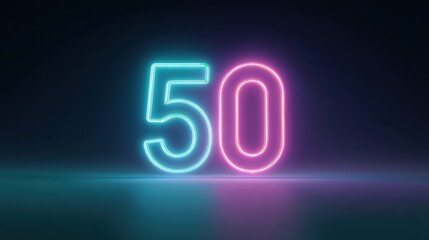 Neon number fifty glowing in blue and pink light against a dark background, creating a vibrant and modern aesthetic for celebration or milestone representation