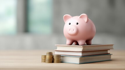 Pink Piggy Bank on Top of Stacked Books with Coins Highlighting the Concept of Saving and Financial Education in a Softly Lit Indoor Environment