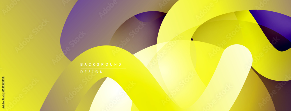 Poster Abstract yellow, purple layers create dynamic background. Smooth gradients, overlapping shapes offer modern aesthetic. Minimal text present.
