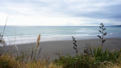 A sweeping view of Wainui Beach in New Zealand reveals a broad sandy shoreline edged with lush...