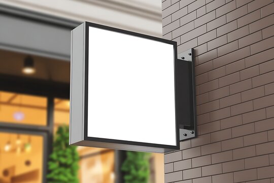 Modern square hanging sign with blank white space for advertising or branding attached to a textured brick wall outside a shop - Powered by Adobe