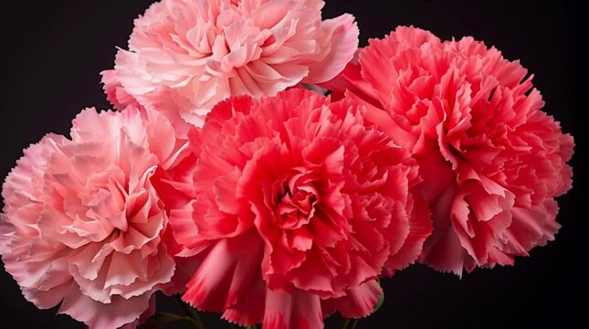 bunch of pink carnation flowers bloop and open isolated on plain black studio background	