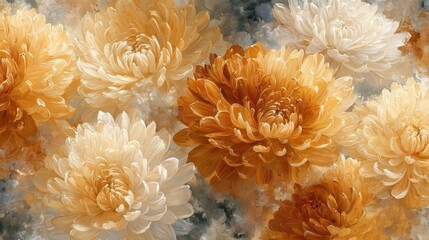A repeating watercolor pattern of Japanese chrysanthemums (kiku) in various stages of bloom. Painted in warm autumnal shades golden yellow, burnt orange, and soft ivory. 