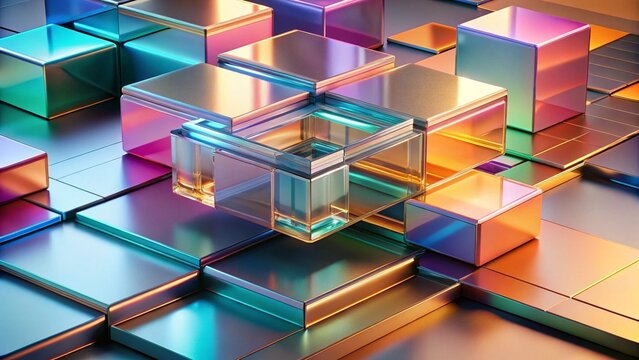 Abstract 3d background wallpaper with glass and plastic square plates, colorful light iridescent neon holographic gradient. Transparent and orange cube shapes, digital tech banner 