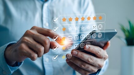 Customer Experience Concept Man Giving Online Feedback Using Mobile Phone