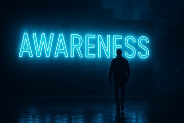 Fototapeta premium A lone figure walks toward a glowing neon 'Awareness' sign in a moody, evocative urban scene.