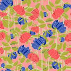 Seamless pattern with hand drawn meadow bold flowers. Colorful illustrations on blue background for surface design and other design projects