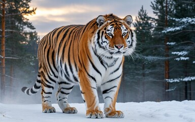 Obraz premium Majestic Siberian Tiger Prowls Through Snowy Forest at Dusk, Powerful and Alert